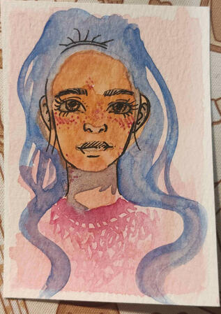 Blue Hair Pink Knit - Watercolor